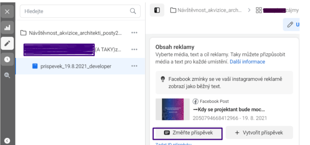 Rozhraní na facebookové stránce během úpravy příspěvku.