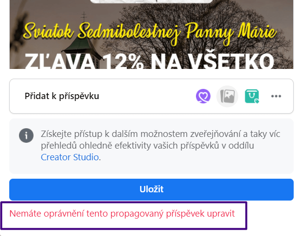 Rozhraní na facebookové stránce během úpravy příspěvku.