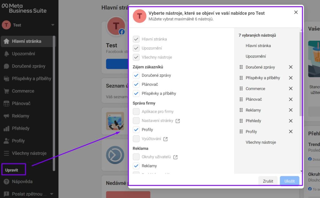 Ukázka s volbou možností sekcí. Je to dost podobné rozhraní, které máme v Business Manageru. 
