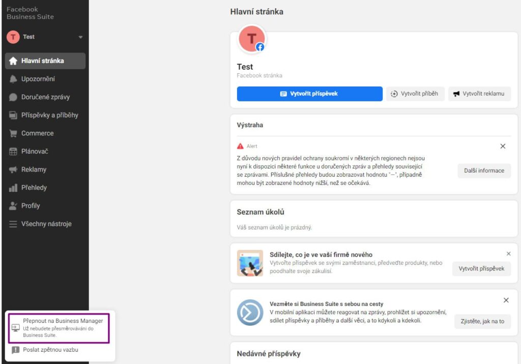 Rozhraní Správce reklam v Business Manageru.