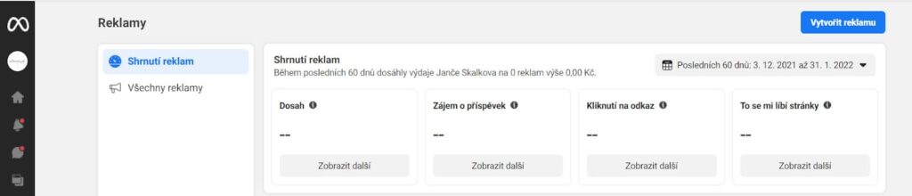Rozhraní sekce Reklamy v Meta Business Suite.