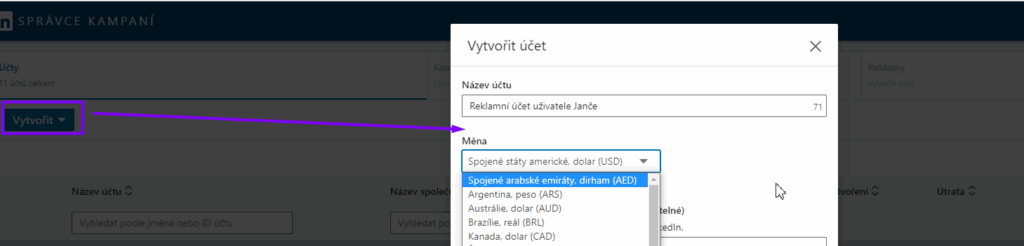 Rozhraní správce kampaní na Linkedinu a štítek. Výstřižek je pořízen 24. 3. 2022