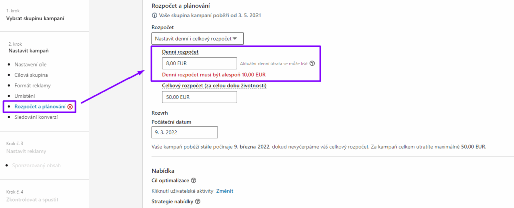 Rozhraní správce kampaní na Linkedinu - nastavení rozpočtu. Výstřižek je pořízen 24.3.2022