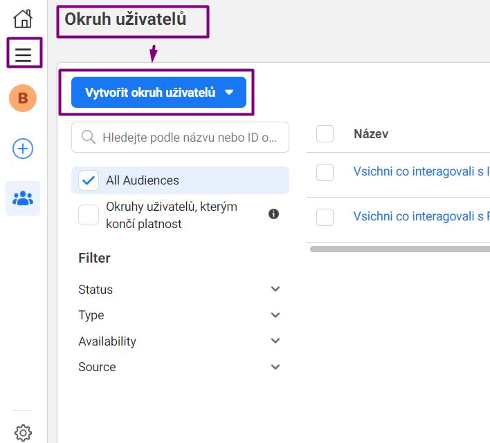 Sekce Okruhy uživatelů v Business Manageru. 