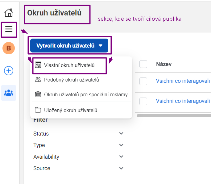 Sekce Okruhy uživatelů v Business Manageru.