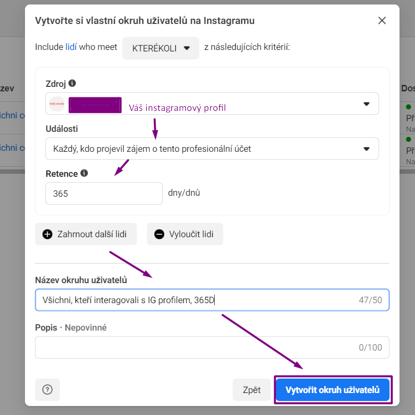 Tvorba publika z Instagramu v sekci Okruhy uživatelů.