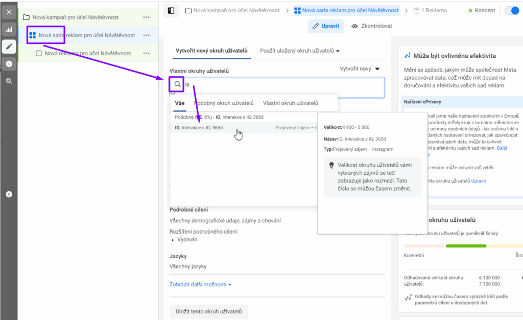 Sekce Správce reklam v Business Manageru. Vložení publik do reklamy.