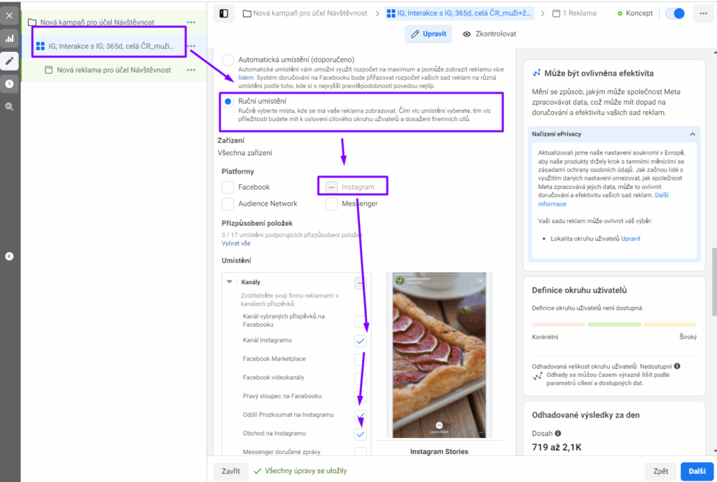Sekce Správce reklam v Business Manageru. Výběr umístění na Instagramu.