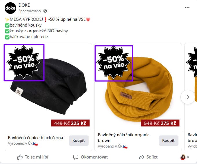 Ukázka rámečků v produktových reklamách.