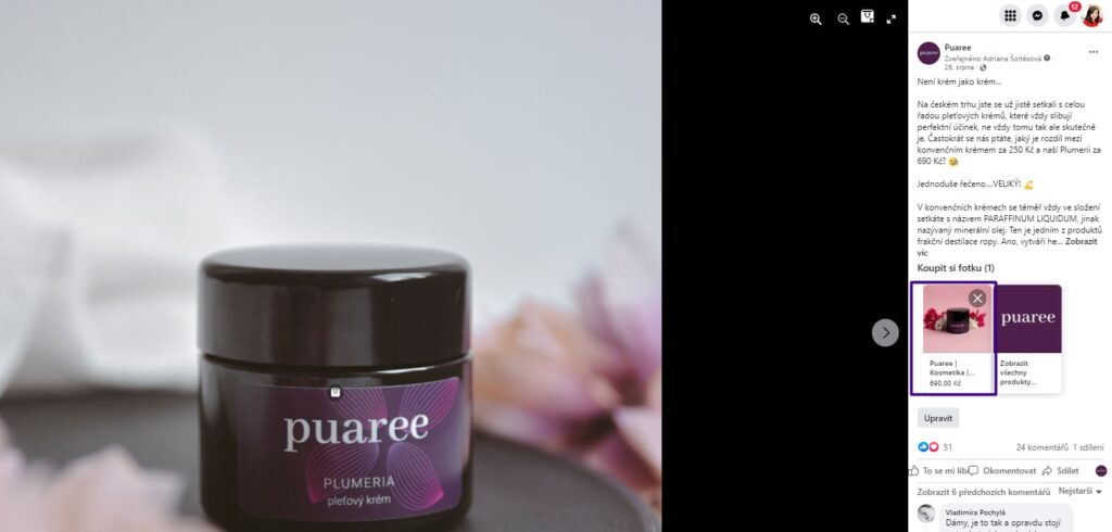 Ukázka označení produktu na Facebooku.