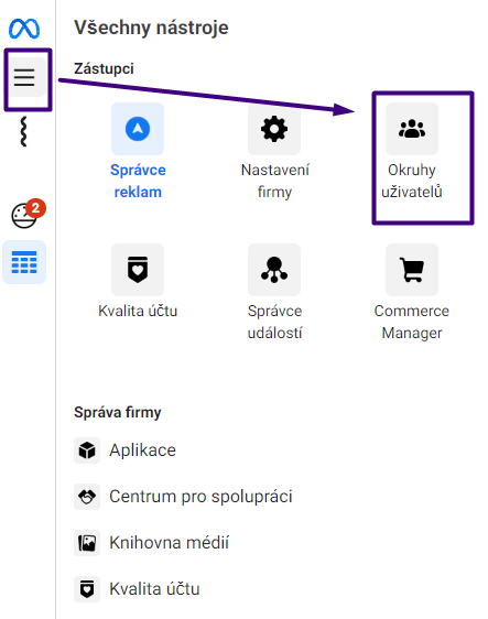 Jak najít sekci Okruhy uživatelů v Business Manageru. Výstřižek je pořízen 13. 10. 2022