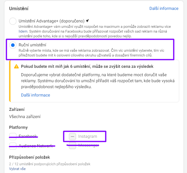 Výběr umístění u propagace instagramového příspěvku. Výstřižek pořízen 21. 11. 2022.
