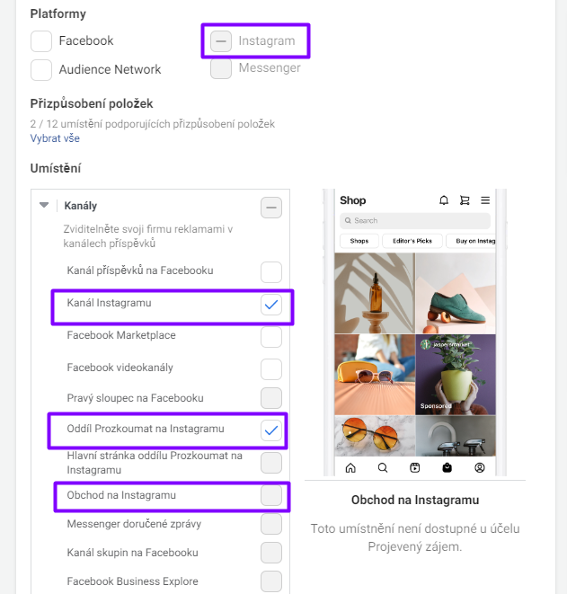 Výběr umístění u propagace instagramového příspěvku. Výstřižek pořízen 21. 11. 2022.