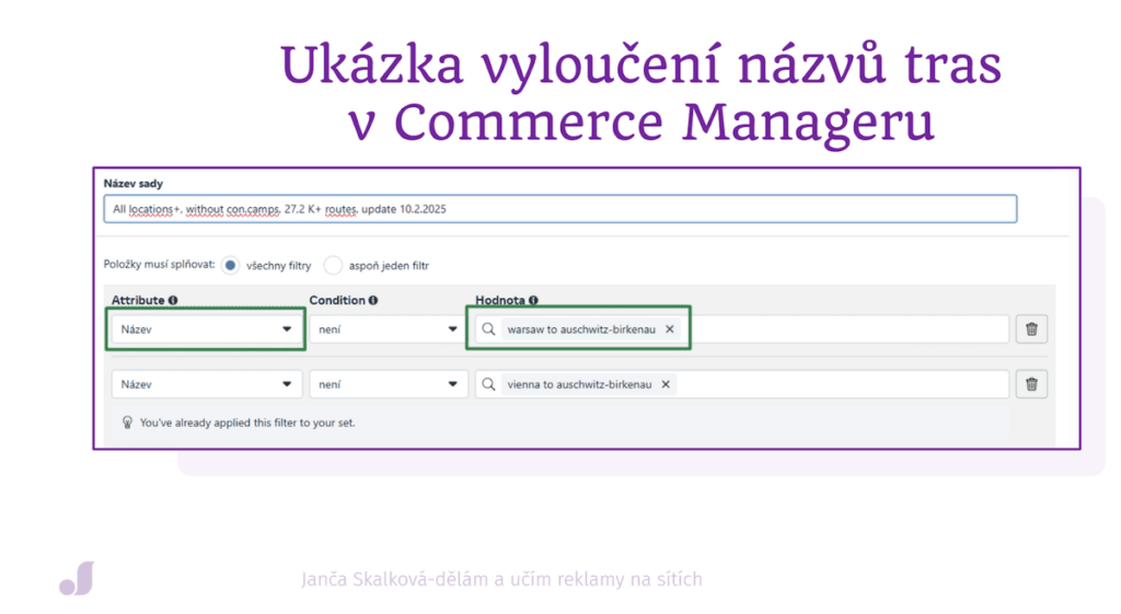 Ukázka vyloučení názvů tras v Commerce manageru