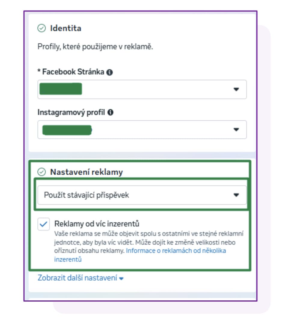 Ukázka, nastavení v Business manageru - jak vložíte odkaz do tlačítka u influencerského příspěvku v reklamě, díky kterému se potenciální zákazníci dostanou k vám na web a to přímo z IG feedu.