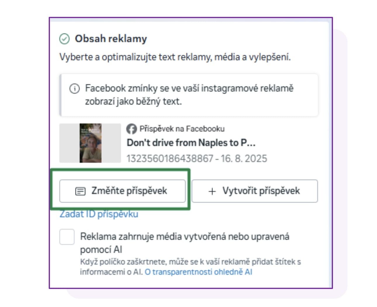 Ukázka, nastavení v Business manageru - jak vložíte odkaz do tlačítka u influencerského příspěvku v reklamě, díky kterému se potenciální zákazníci dostanou k vám na web a to přímo z IG feedu.
