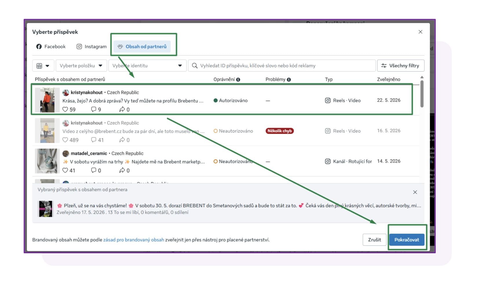 Ukázka, nastavení v Business manageru - jak vložíte odkaz do tlačítka u influencerského příspěvku v reklamě, díky kterému se potenciální zákazníci dostanou k vám na web a to přímo z IG feedu.