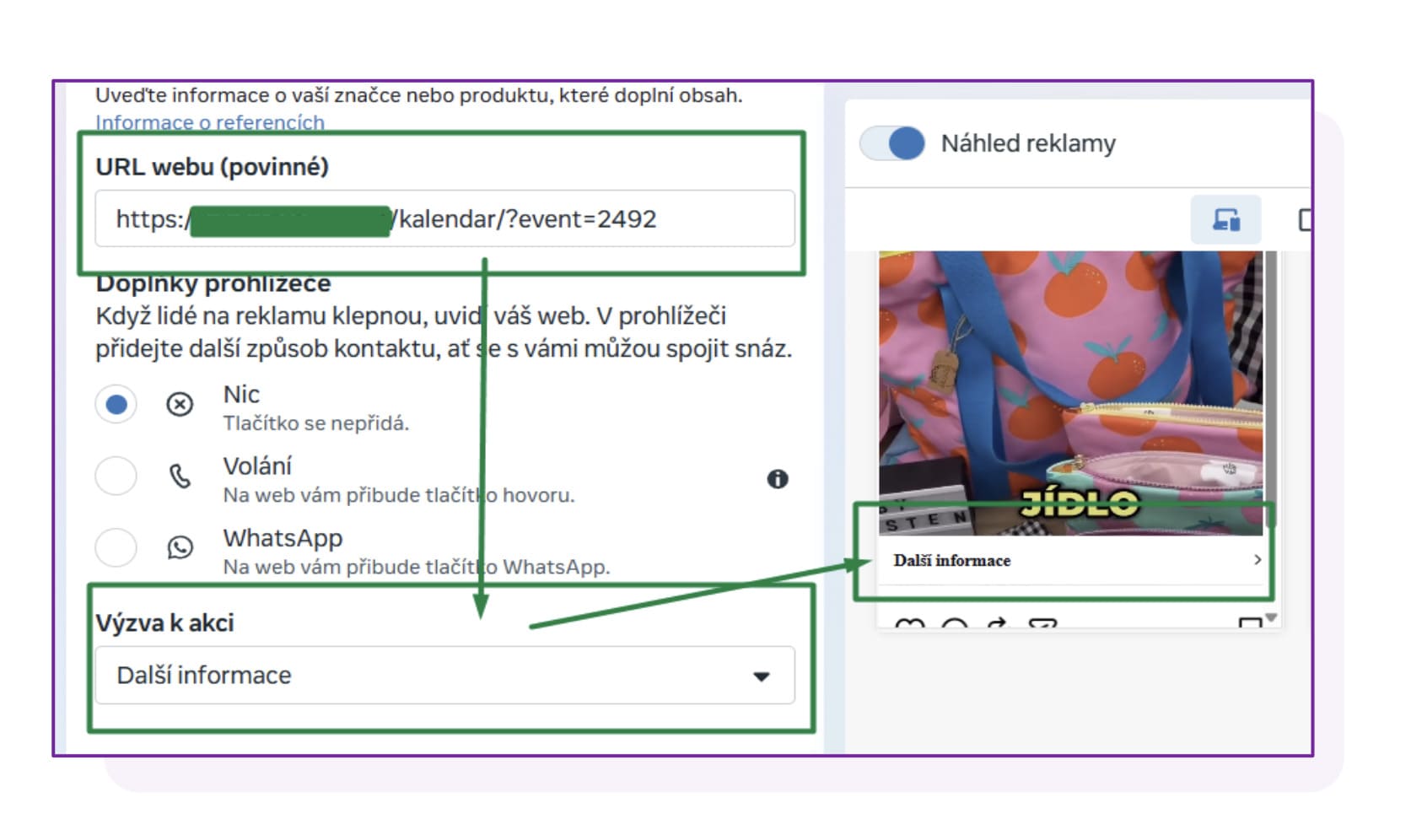 Ukázka, nastavení v Business manageru - jak vložíte odkaz do tlačítka u influencerského příspěvku v reklamě, díky kterému se potenciální zákazníci dostanou k vám na web a to přímo z IG feedu.